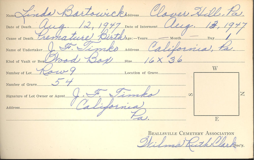 Linda Bartowick burial card
